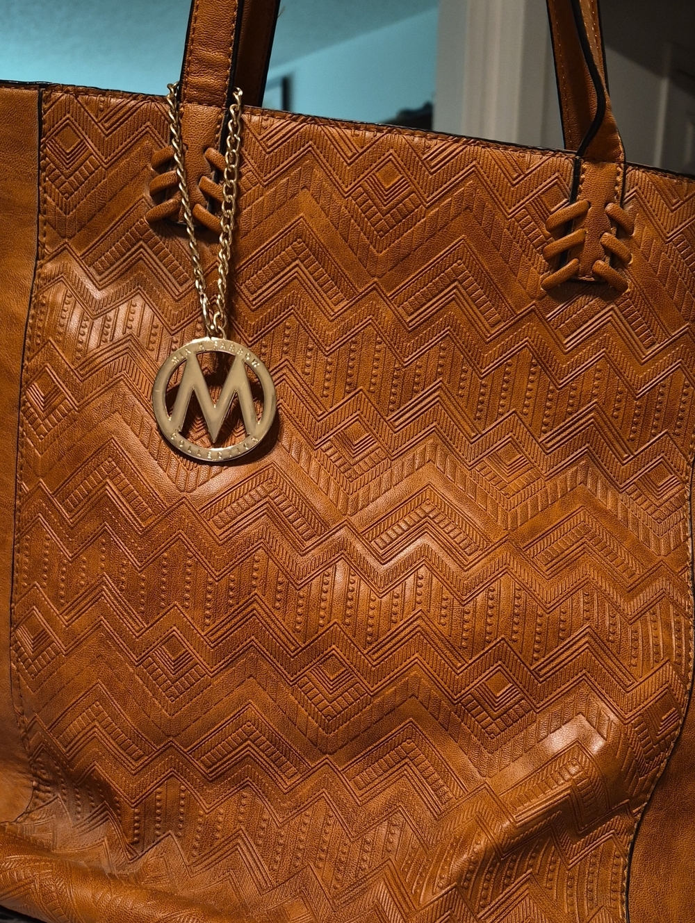 Cognac Embossed Chevron Tote with Gold Logo Charm